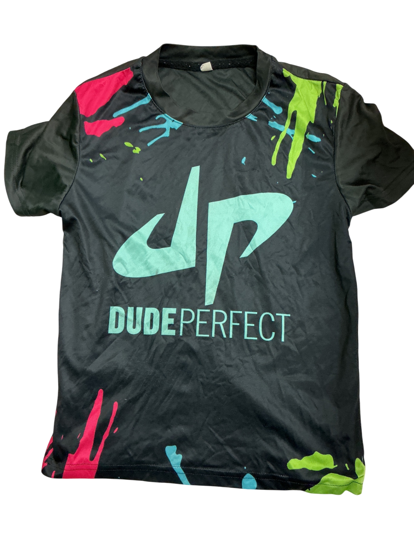 Dude Perfect T-Shirt 10-12Y Black with multicolored accents (pink, blue, green)