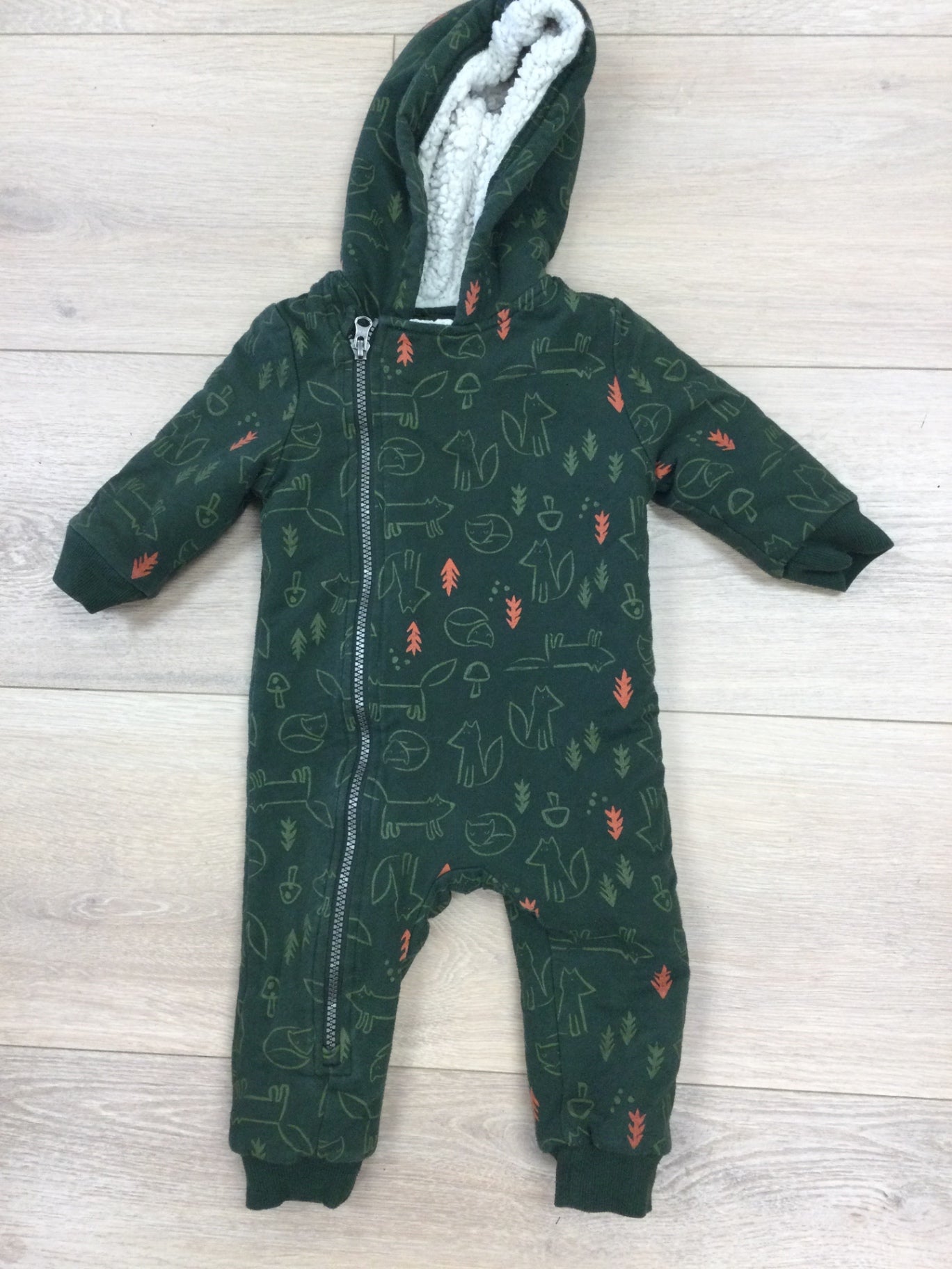 Joe Fresh Baby Bunting Suit 6-12M Dark Green with red and green pattern