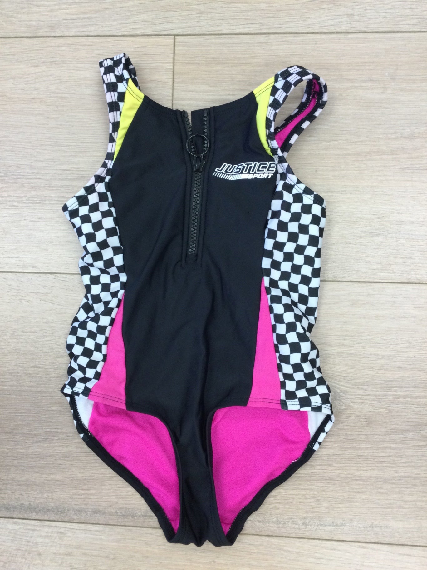 Justice Sport Swim 5/6Y Black, pink, yellow, and white