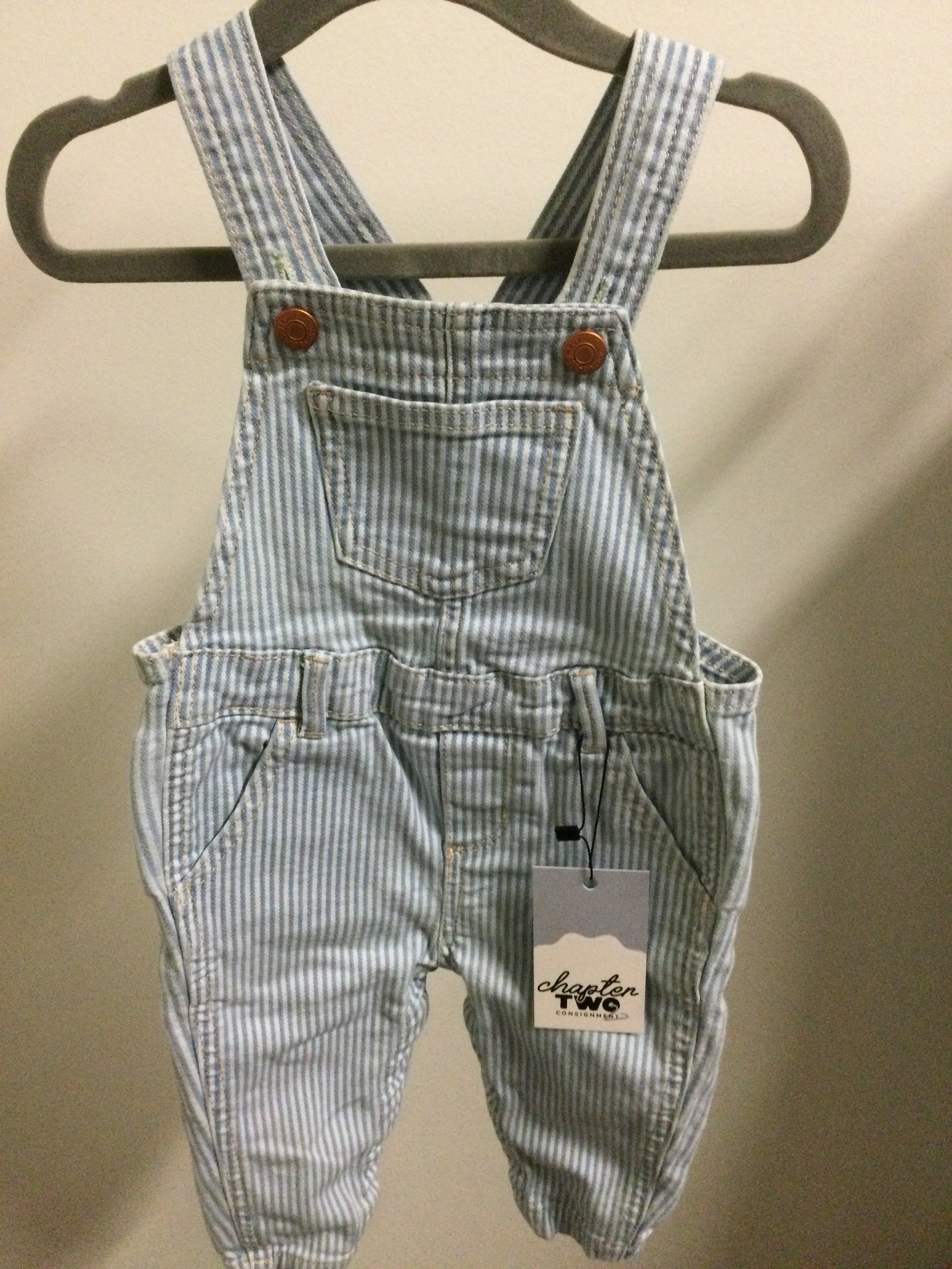 Old Navy blue/white striped jean overalls 12-18M