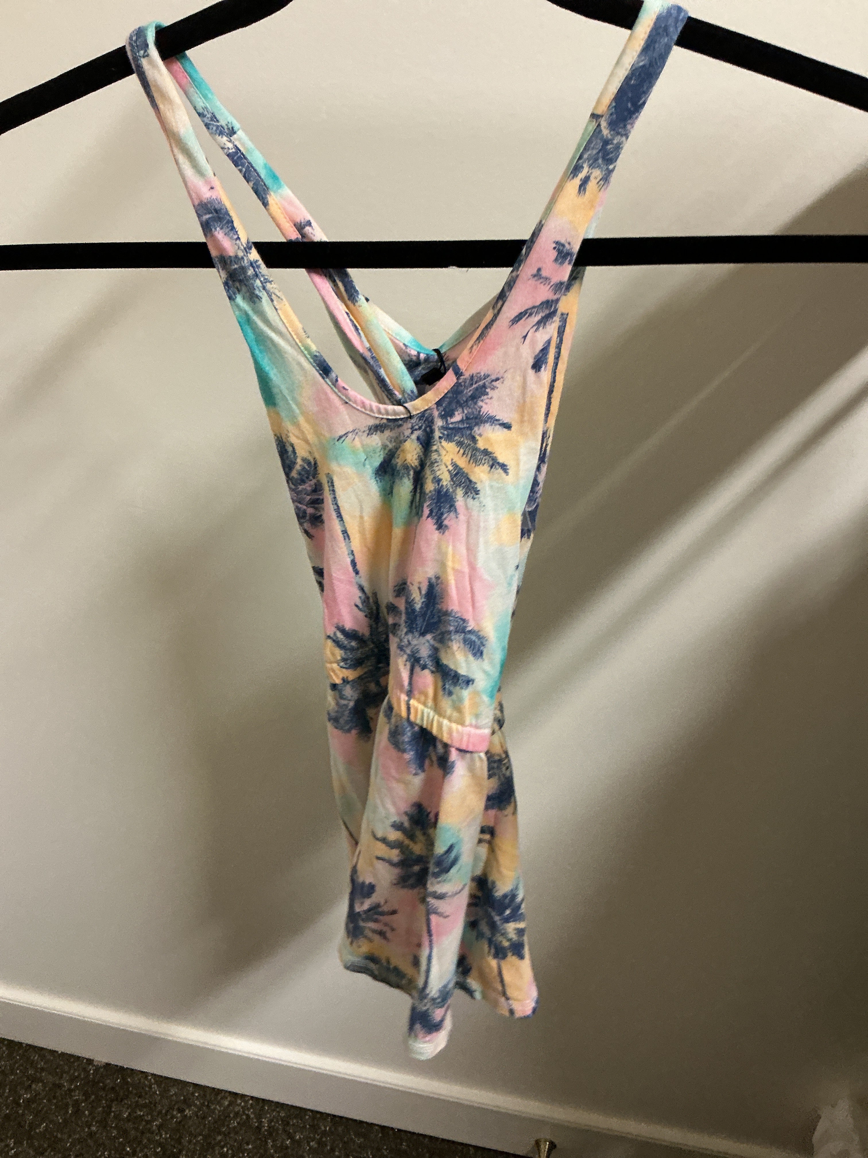 Old Navy pink/blue/yellow palm tree romper 8Y