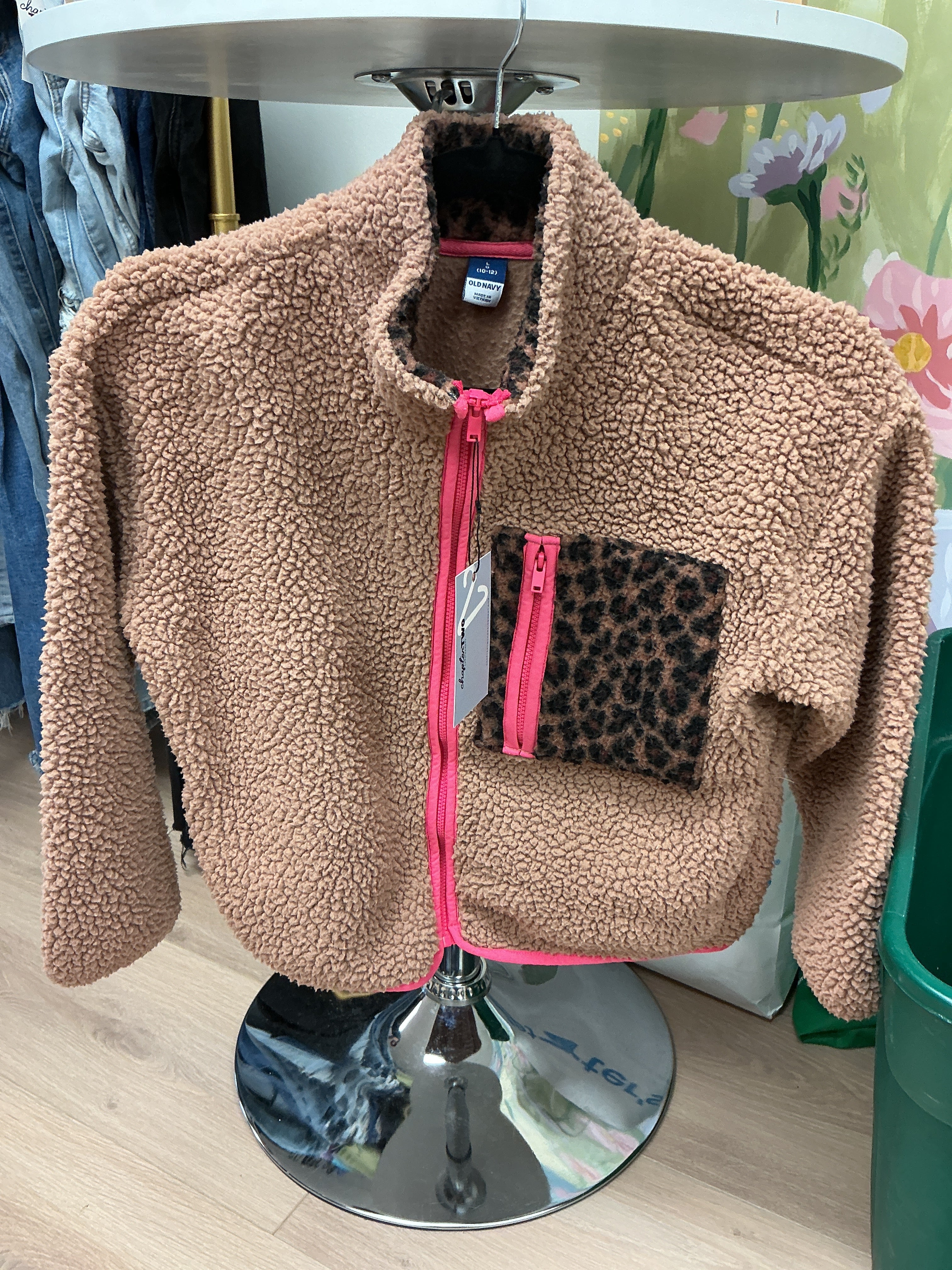 Old Navy pink and cheetah print zip-up sweater 10-12Y