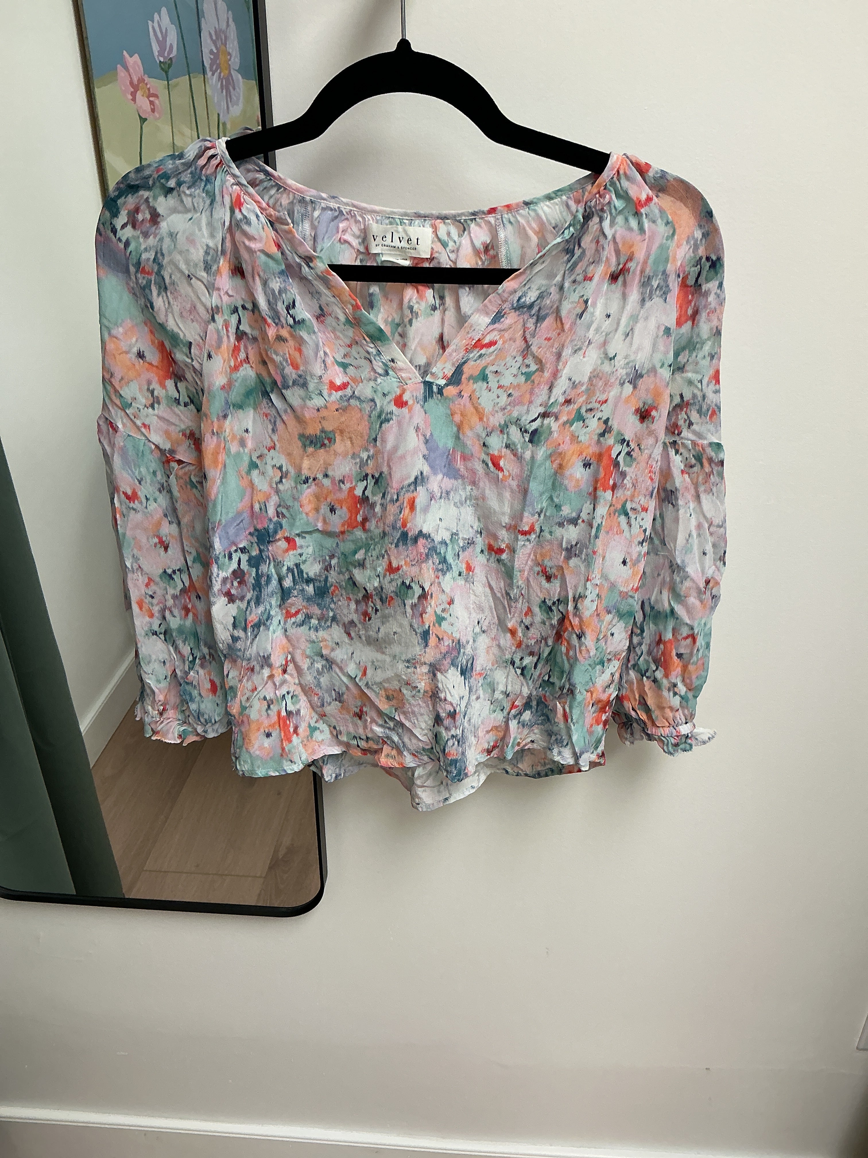 Velvet watercolour print blouse XS