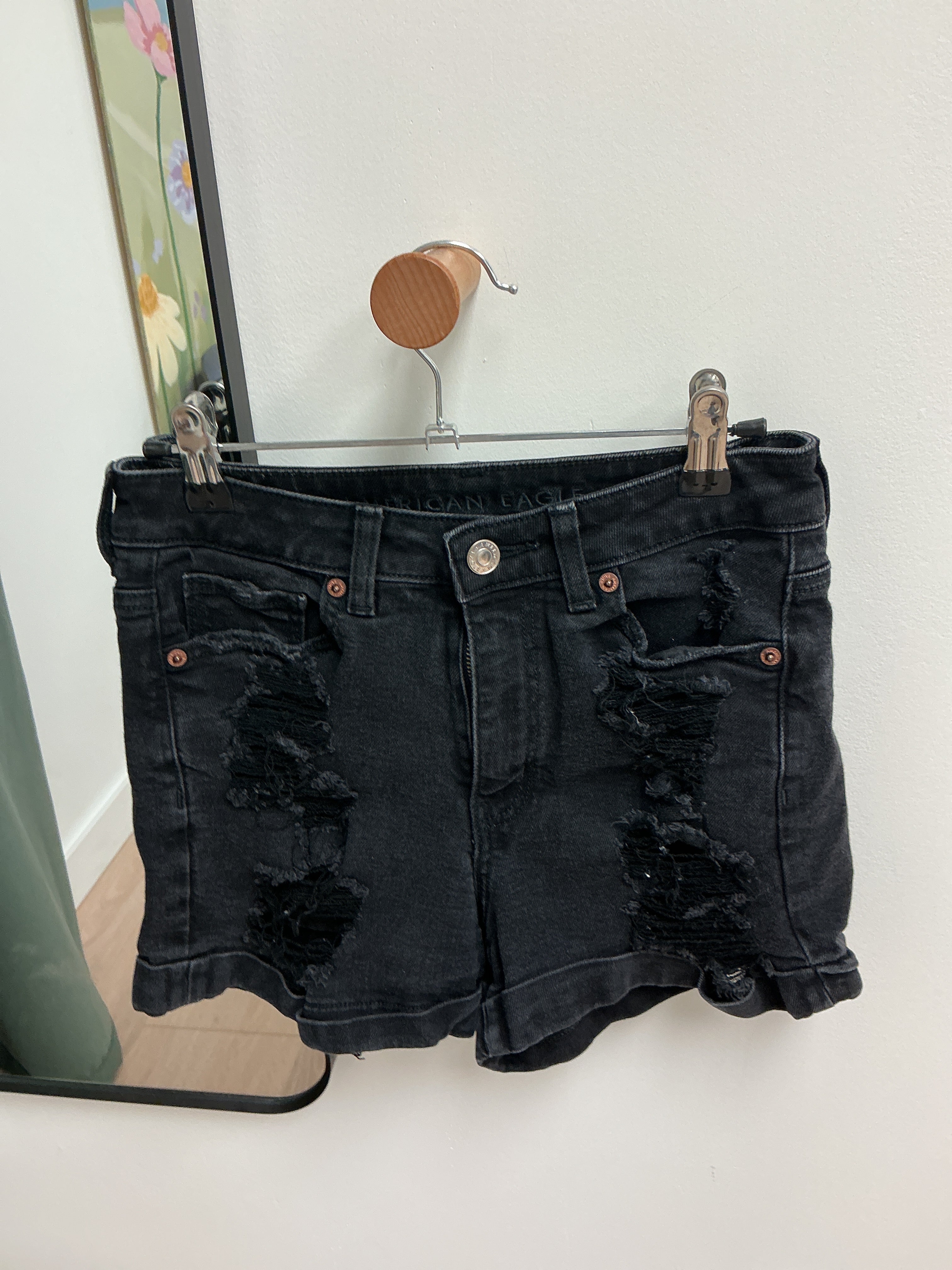 American Eagle black ripped jean shorts size 0